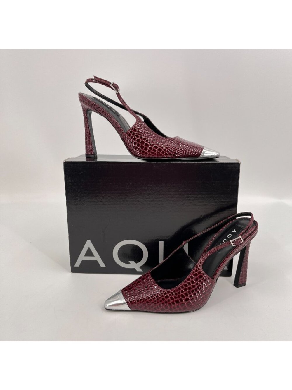AQUA Bevv Leather Croc Embossed Slingback Pointed Toe Pumps in Wine Croco  Sz 7M